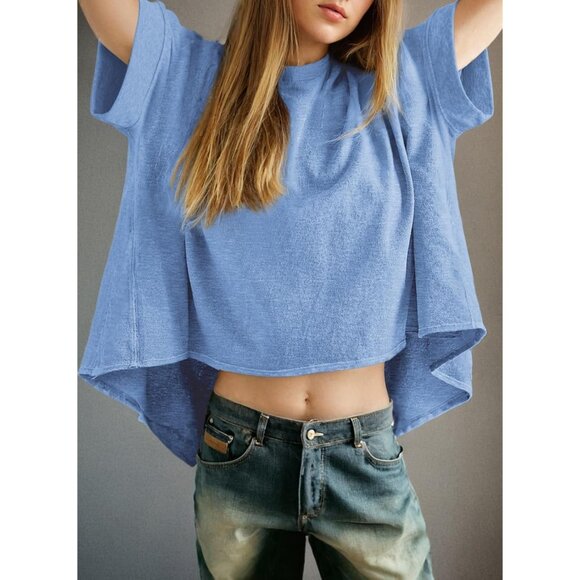 🆕 Women Blue Dolman Sleeve Tops Loose Oversized Crewneck Flowy T Shirts Basic - Picture 3 of 5